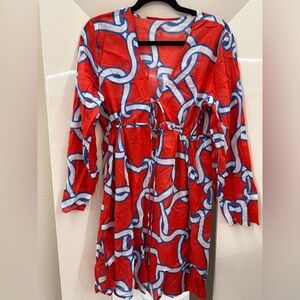 Red Chain-Print Tie-Waist Linen Dress